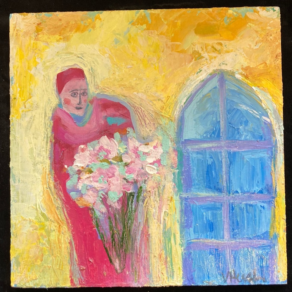 “Flower Seller”An Original Acrylic Painting 12”x12” on Wood Panel